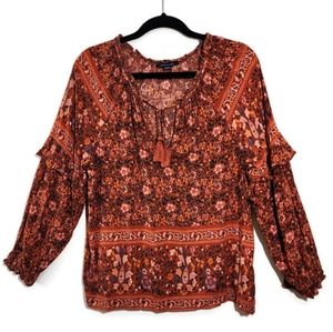 American Eagle Rust Floral Peasant Top Ruffle Sleeve Tassels Boho Size Medium